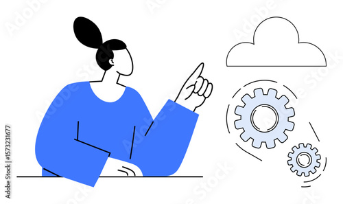 Woman gesturing towards a cloud with interconnected gears concept, representing teamwork, technology, innovation, cloud computing, problem-solving, workflow management, and creativity in a simple