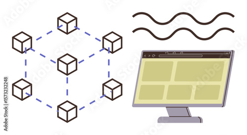 Interconnected cubes represent blockchain, monitor displays digital interface, and waves suggest data flow. Ideal for blockchain, technology, security, web, innovation, decentralization digital