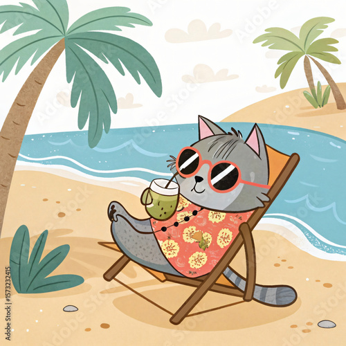 Tropical summer vacation with a cat and man relaxing on a sandy beach under a palm tree, by the blue sea, with an umbrella and chair
