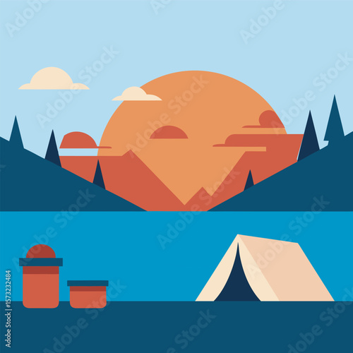 Tent Setup By Lakeside At Sunset