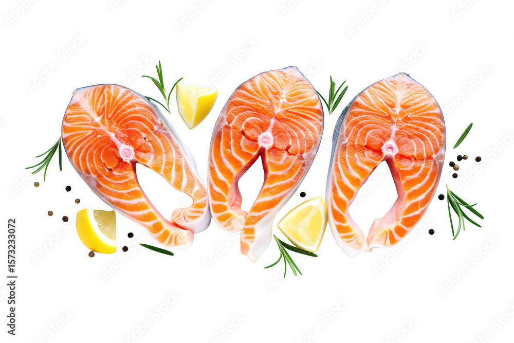Obraz premium Three fresh salmon steaks with lemon wedges and rosemary sprigs fish seafood