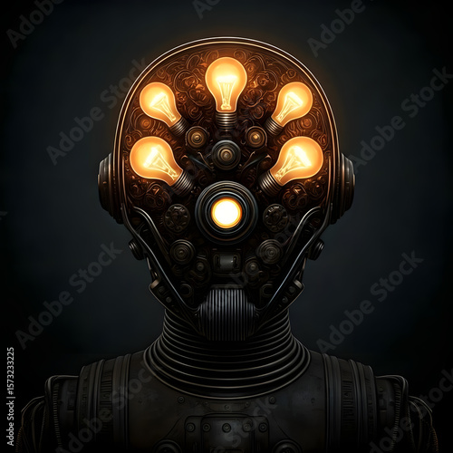 A robot with a glowing head full of mechanical light bulbs