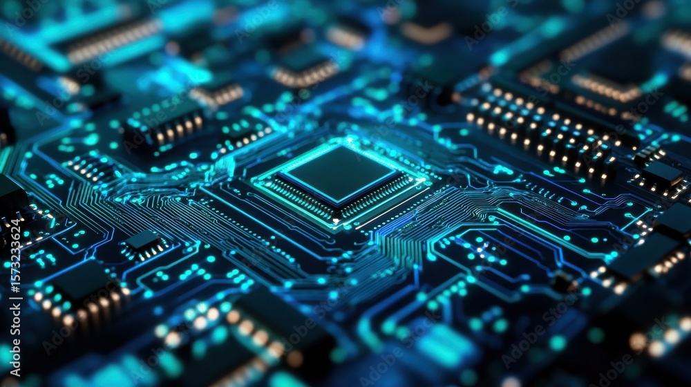 Detailed Macro Shot of a Computer Circuit Board with Blue Lighting Detailed Macro Shot of a Computer Circuit Board with Blue Lighting