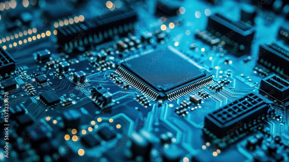 Fototapeta premium Intricate Macro Shot of Computer Circuit Board with Blue Lighting