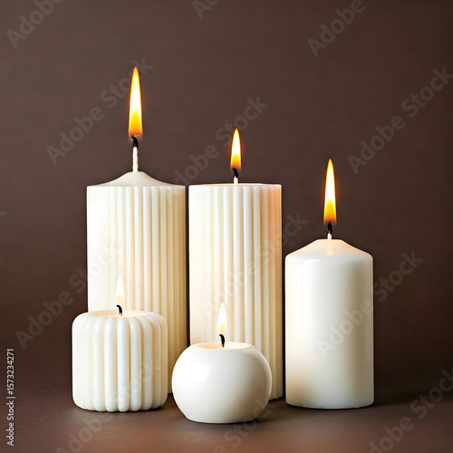 A set of decorative candles in varying shapes and heights, all white-theme