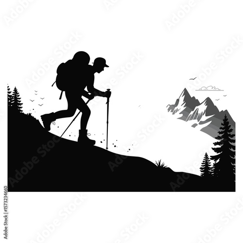 Man hiking up a mountain slope with trekking poles silhouette