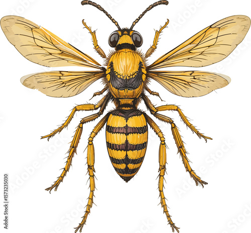 Detailed yellow hornet illustration showcases the insect's anatomy and striking black stripes against a white background.
