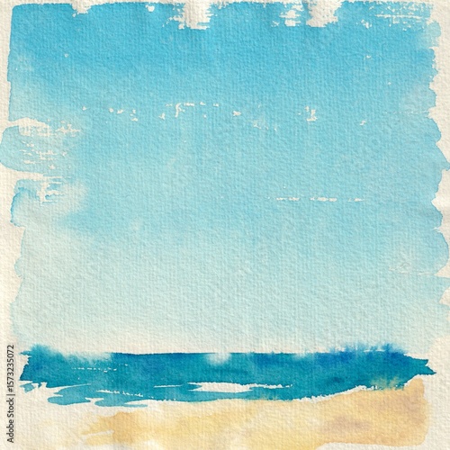 Empty Seashore Scene in Soft Blue Tones. Minimal Watercolor Beach Horizon Background. Hand-Painted Ocean and Sand Backdrop. Tranquil Beach Landscape. Abstract Coastal Background with Clear Sky