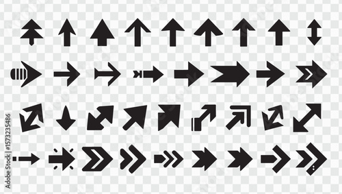 Minimal Black Arrow Icons Set. Flat Silhouettes in Multiple Directions on White Background