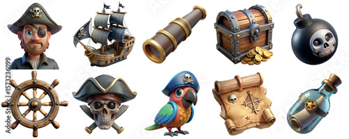 3d pirate icons set featuring treasure chest, ship and sea exploration elements, adventure theme, cartoon illustrations for games or branding