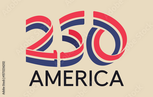 America 250 Anniversary Logo Design. Modern logo design celebrating America's 250th anniversary, featuring bold red, white, and blue ribbon-style numbers and clean typography.