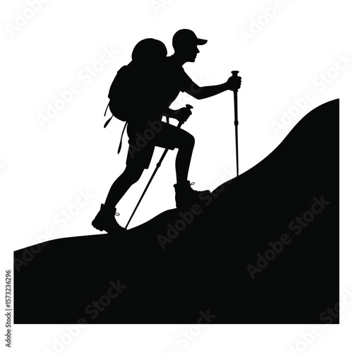 Man hiking uphill with backpack and trekking poles silhouette