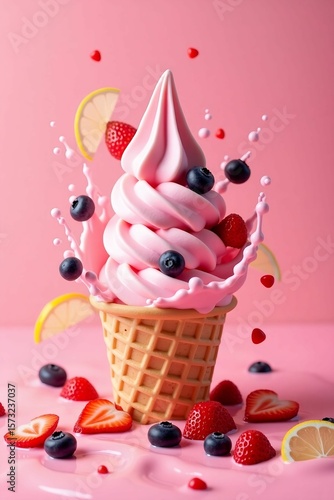Fruity Pink Ice Cream in Waffle Cone with Berry Splash and Lemon