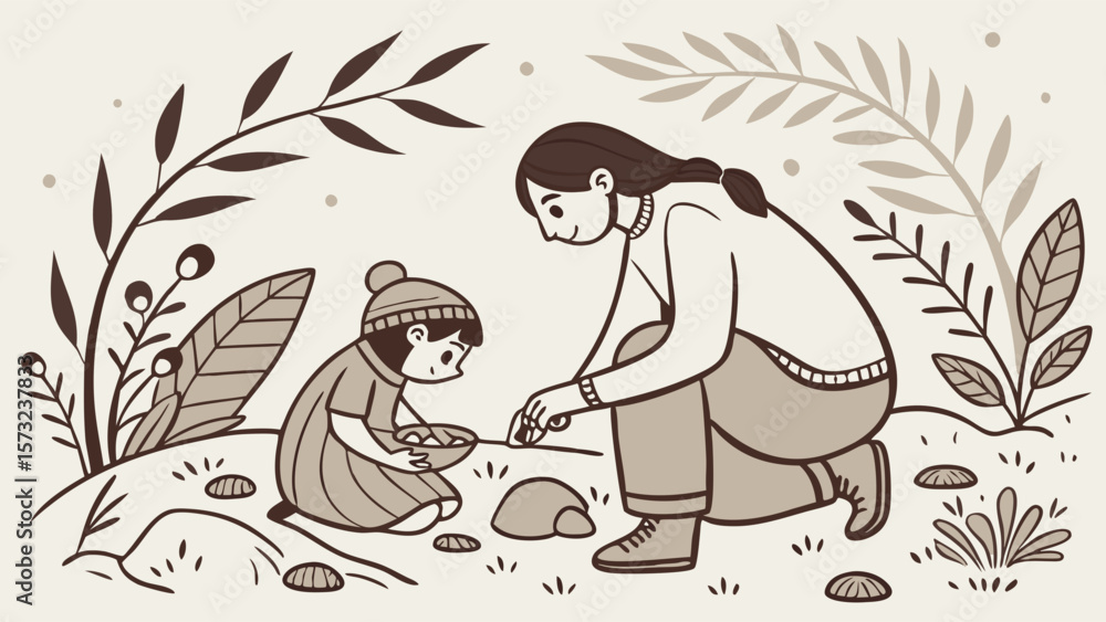 A mother and child are collecting shells on the ground, surrounded by plants and leaves. A mother and child are collecting shells on the ground, surrounded by plants and leaves.