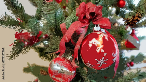 Bola decorativa roja y guirnaldas para adornar el árbol de navidad.Red Christmas ball on wooden table