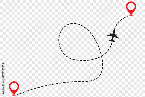 Airplane dashed line path flat style design isolated on white background. plane icon follow from start pin point to finish by dashed line. Airplane route trace flight air map.