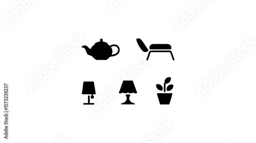 Collection of simple black icons representing home decor and furniture elements