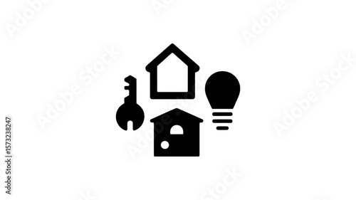 Collection of stylized icons representing home ownership security and bright ideas