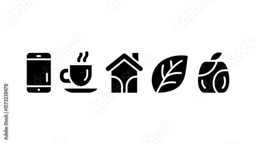 Collection of simple black icons representing modern life and healthy living