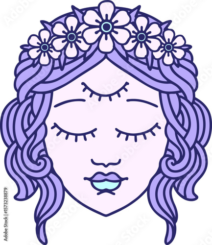tattoo in traditional style of female face with third eye in bright neon color