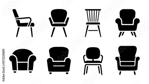 Vector Collection of nine black silhouette armchair and sofa icons on a white background
