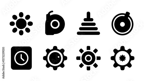 Collection of eight simple black and white vector icons representing various objects and concepts