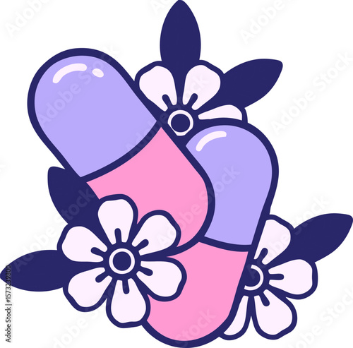 tattoo in traditional style of pills and flowers in bright neon color