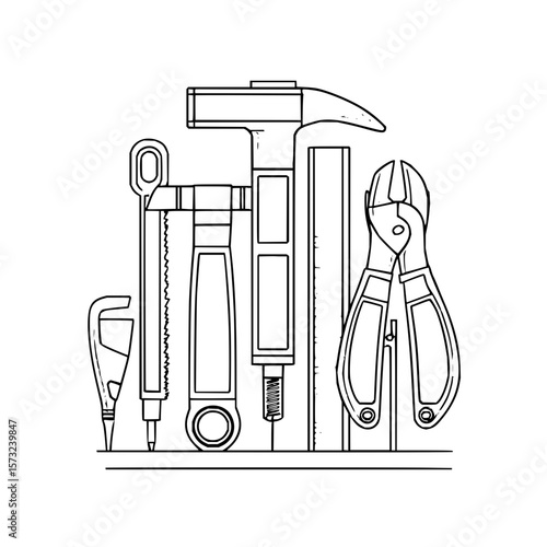 Outline drawing of a hammer, pliers, saw, and other tools arranged on a shelf in a workshop setting