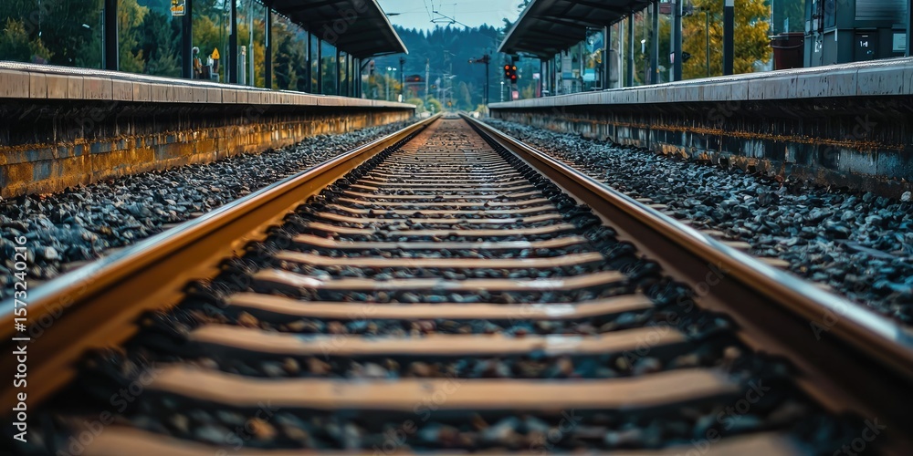 Fototapeta premium Train tracks converging in the distance beyond the platform