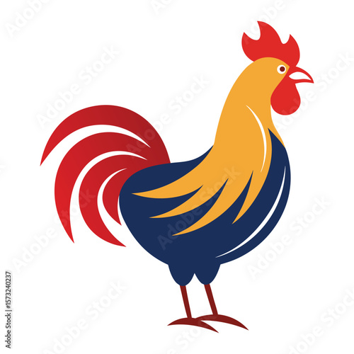 Stylized Rooster With Red Comb And Tail Feathers chicken bird