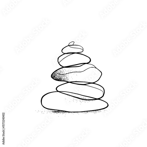 Illustration of a simple cairn of stacked stones in black and white with stippled shading effect