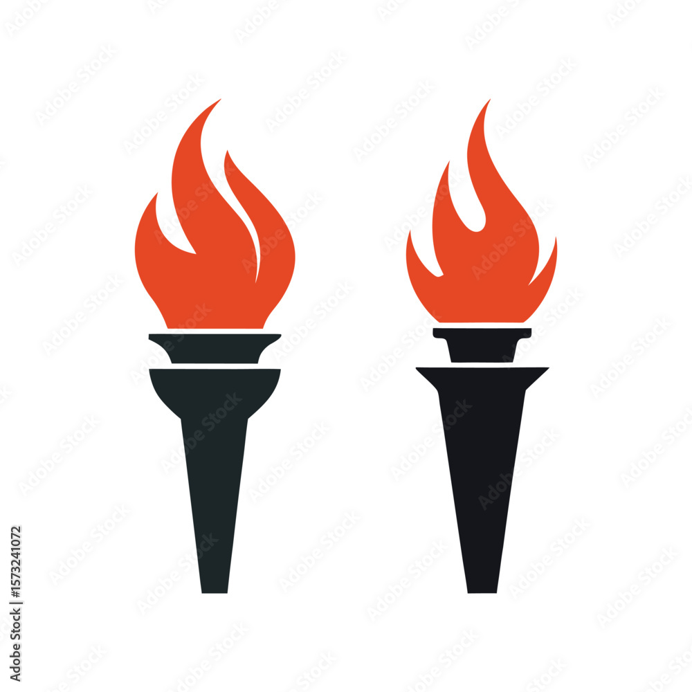 Two flaming torches with orange flames and dark handles fire burning Two flaming torches with orange flames and dark handles fire burning