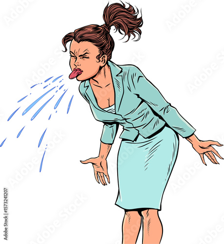 Pop Art Retro Woman sticking out her tongue. Problems at work and in the team. Dismissal from the profession.