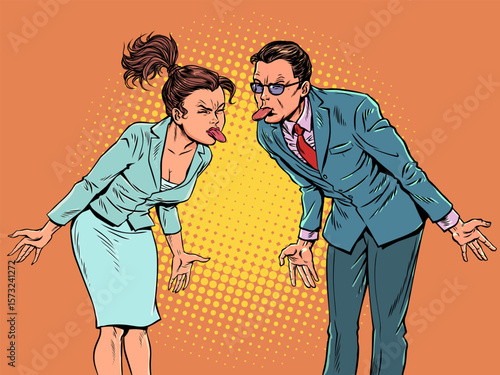 Pop Art Retro People stick out their tongues at each other. Problems at work and in a team. Conflict in business.
