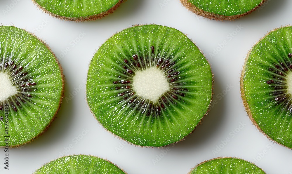 Fototapeta premium A study in green Kiwi circles flat lay on pristine White studio surface, displaying simple beauty