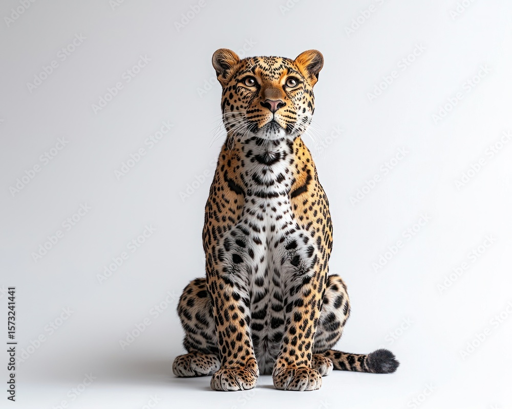 Naklejka premium Leopard, seated, against plain backdrop