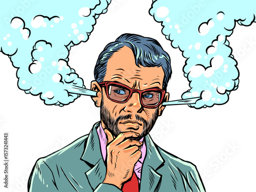 Pop Art Retro Thinking and solving business problems. The man has steam coming out of his ears. Help from a specialist in solving complex problems.