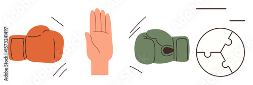 Red and green boxing gloves facing an open hand, followed by a puzzle piece circle. Ideal for teamwork, negotiation, communication, peacebuilding, conflict resolution, problem-solving, cooperation
