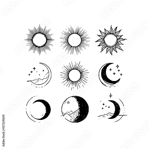 Illustration of sun and moon celestial elements in black and white sketch style drawing with stars and mountains