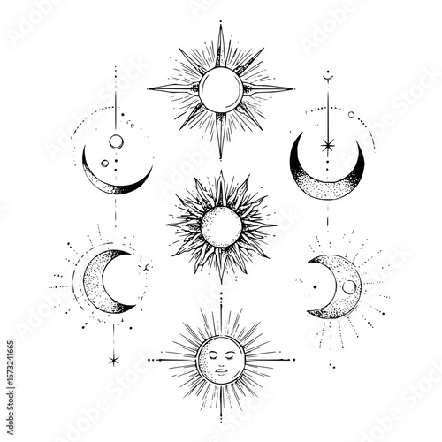 Arrangement of sun and moon illustrations in black and white with celestial elements and cosmic details