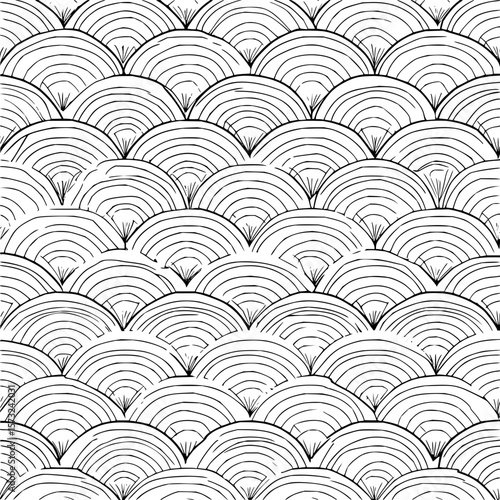 Abstract monochrome pattern featuring overlapping semicircles arranged in a repetitive and stylized design