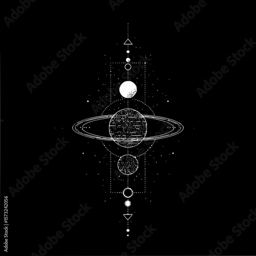 A celestial alignment of planets and geometric shapes in a symmetrical arrangement on black background