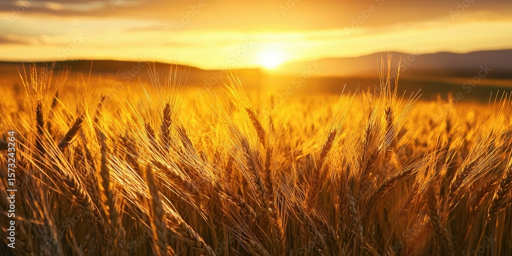 Fototapeta premium Wheat blowing in sunset breeze with golden sky and mountain horizon