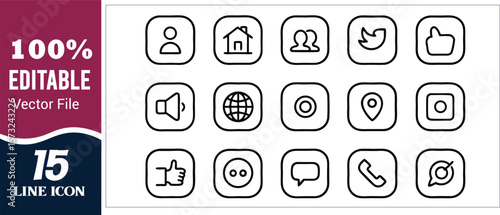 Collection of fifteen social media icons in black outline user home