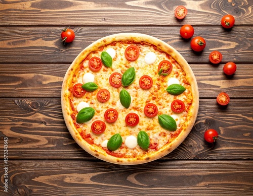 Top View of Italian Pizza with Fresh Ingredients on Wooden Board