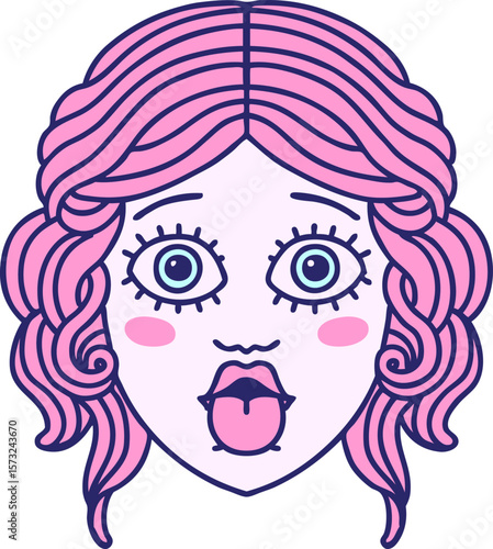 tattoo in traditional style of female face sticking out tongue in bright neon color