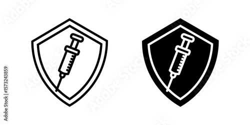 Vaccine icon set. Clean and modern icon design featuring a shield with a syringe inside, representing protection against illness and the importance of vaccination.