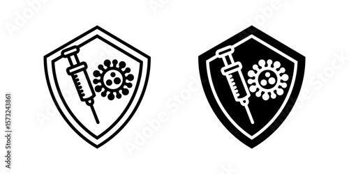 Vaccine icon set. This icon illustration shows a shield with a syringe and virus, symbolizing the protection that vaccination provides against diseases and viral infections.