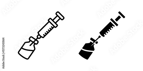 Vaccine icon set. An injection syringe needle drawing medication symbol icon in outline and silhouette style. Useful for medical, healthcare, and vaccination design projects.