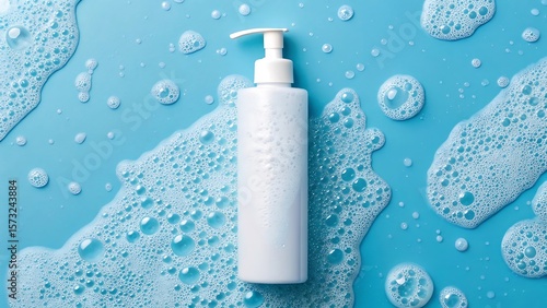 A pristine white soap bottle is surrounded by delicate foam bubbles, creating a refreshing and clean aesthetic on a light blue background